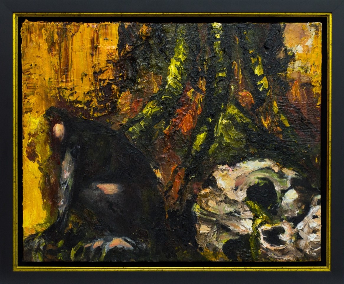Caveira, macaco e árvore, Fernando Lindote, 2019. Óleo sobre tela, 57,3x47,3cm.