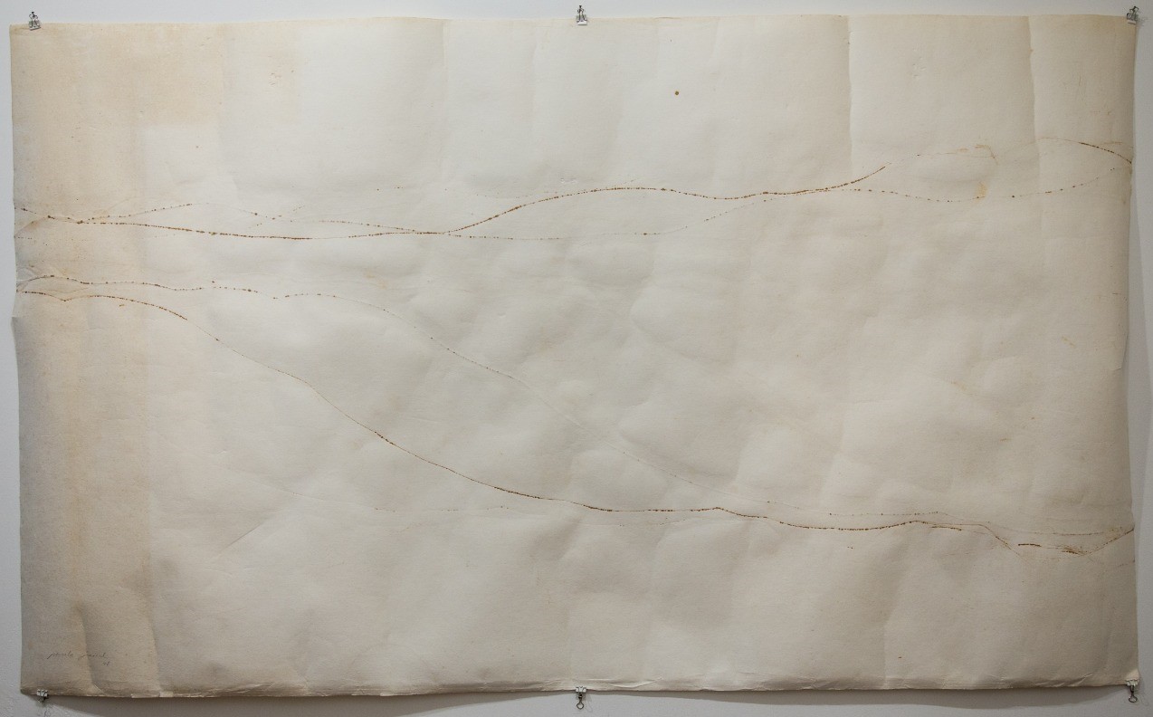 Cicatriz, Paulo Gaiad, 1998. Marcas de arame oxidado sobre papel, 170x100cm.