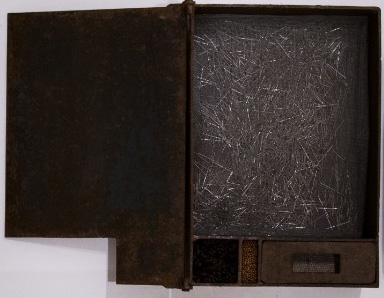 Receptáculo da memória - dor, Paulo Gaiad, 2000. Alfinetes, palitos de madeira, pregos, tela de arame e fogareiro em caixa de ferro, 40x29cm.