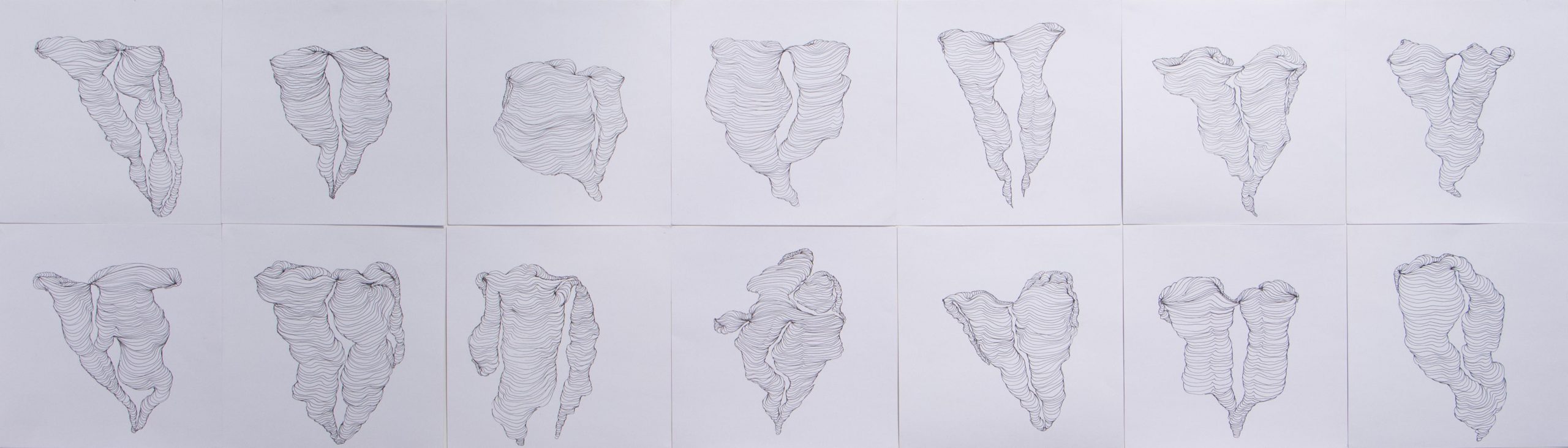 Corpolinha múltiplo, Anna Moraes, 2018. Desenho, caneta nanquim sobre papel, 20x20cm cada.