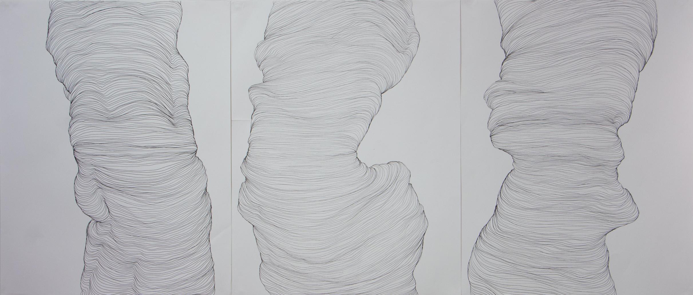 Corpolinha tríptico, Anna Moraes, 2019. Desenho, caneta nanquim sobre papel, 65x50cm cada.