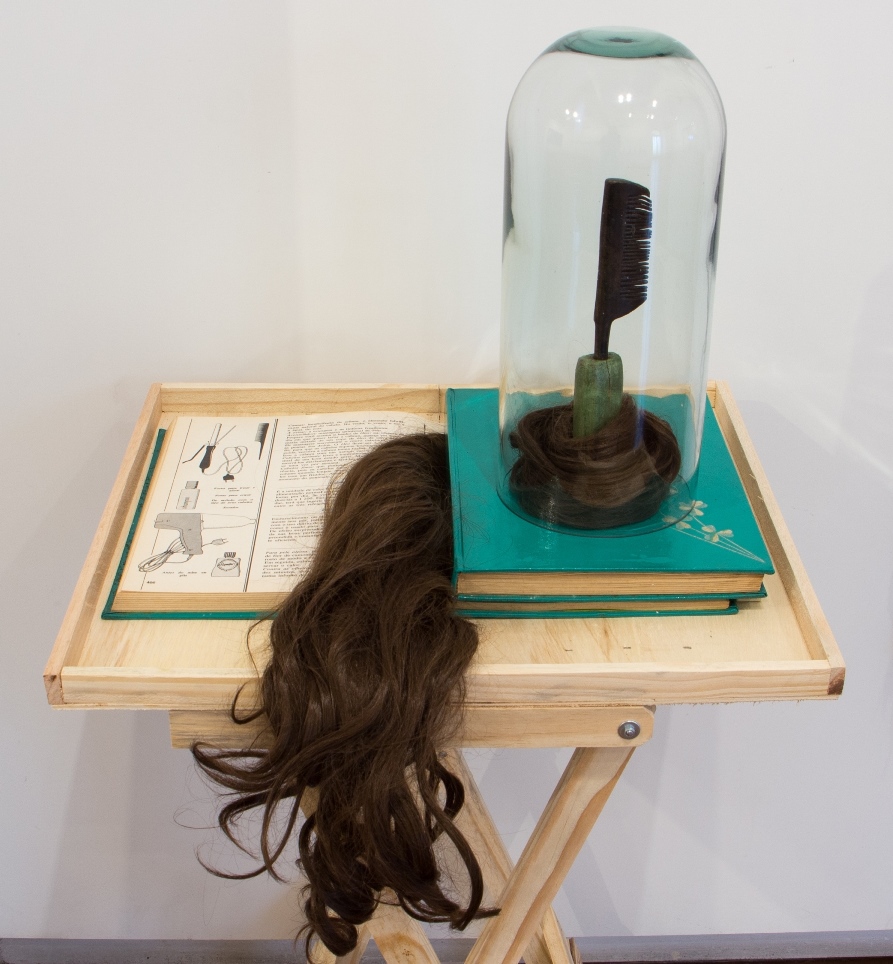 Enciclopédia da beleza feminina II, 2019. Livro, pente de ferro para alisar cabelos, redoma de vidro e cabelos lisos de mulheres, 1 de 1, 120x50x50cm.