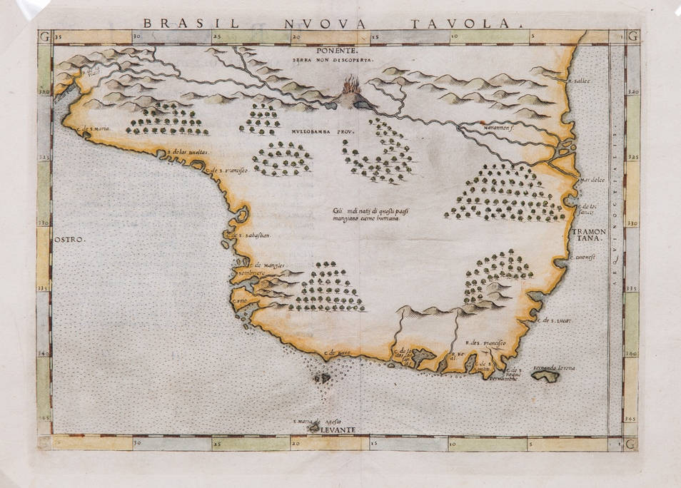 [48] Brasil Nuova Tavola, 1561. Girolano Ruscelli [1518-1566], segundo Giacomo Gastaldi. Coleção Catarina. Fonte: Ylmar Corrêa Neto.