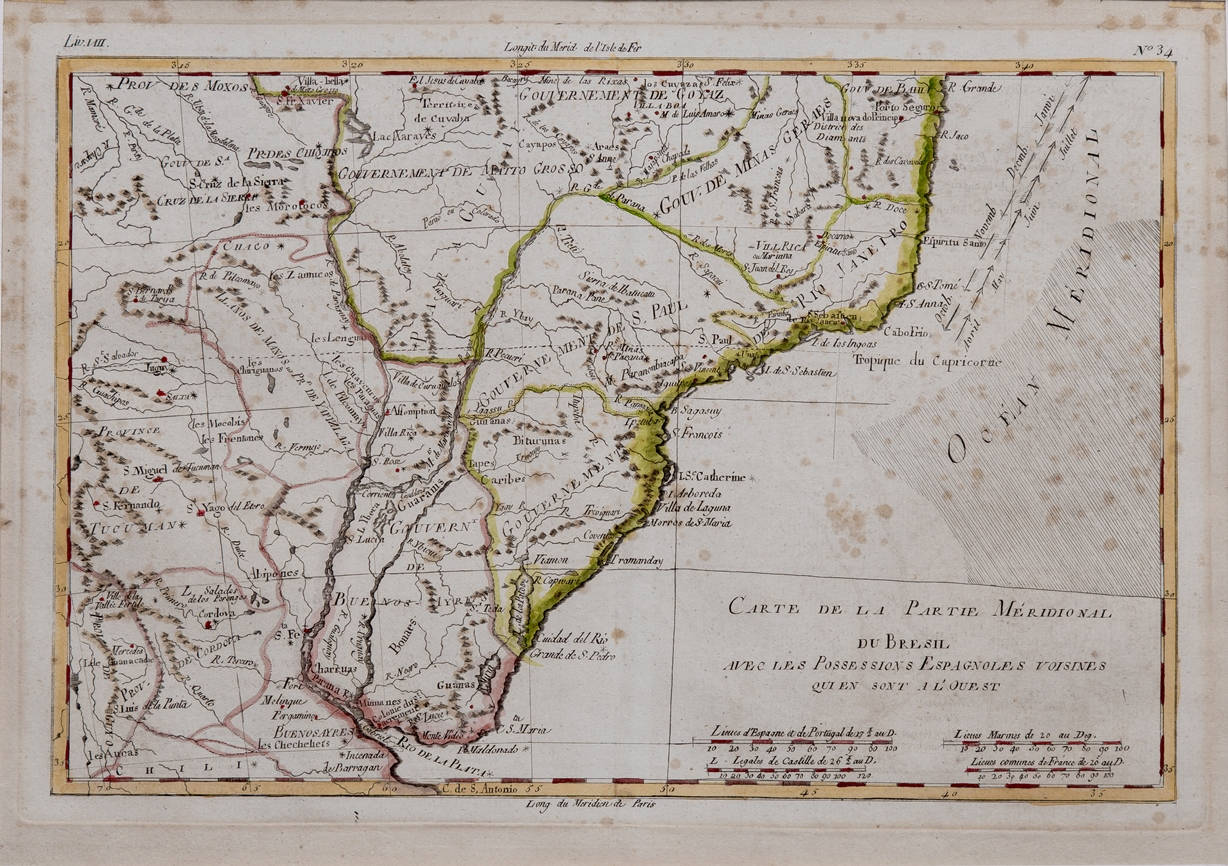 [52] Carte de la partie meridionale du Bresil, avec les possession espagnoles voisines qui en sont a l'ouest, 1780. Rigobert Bonne [1727-1795]. Coleção Catarina. Fonte: Ylmar Corrêa Neto.