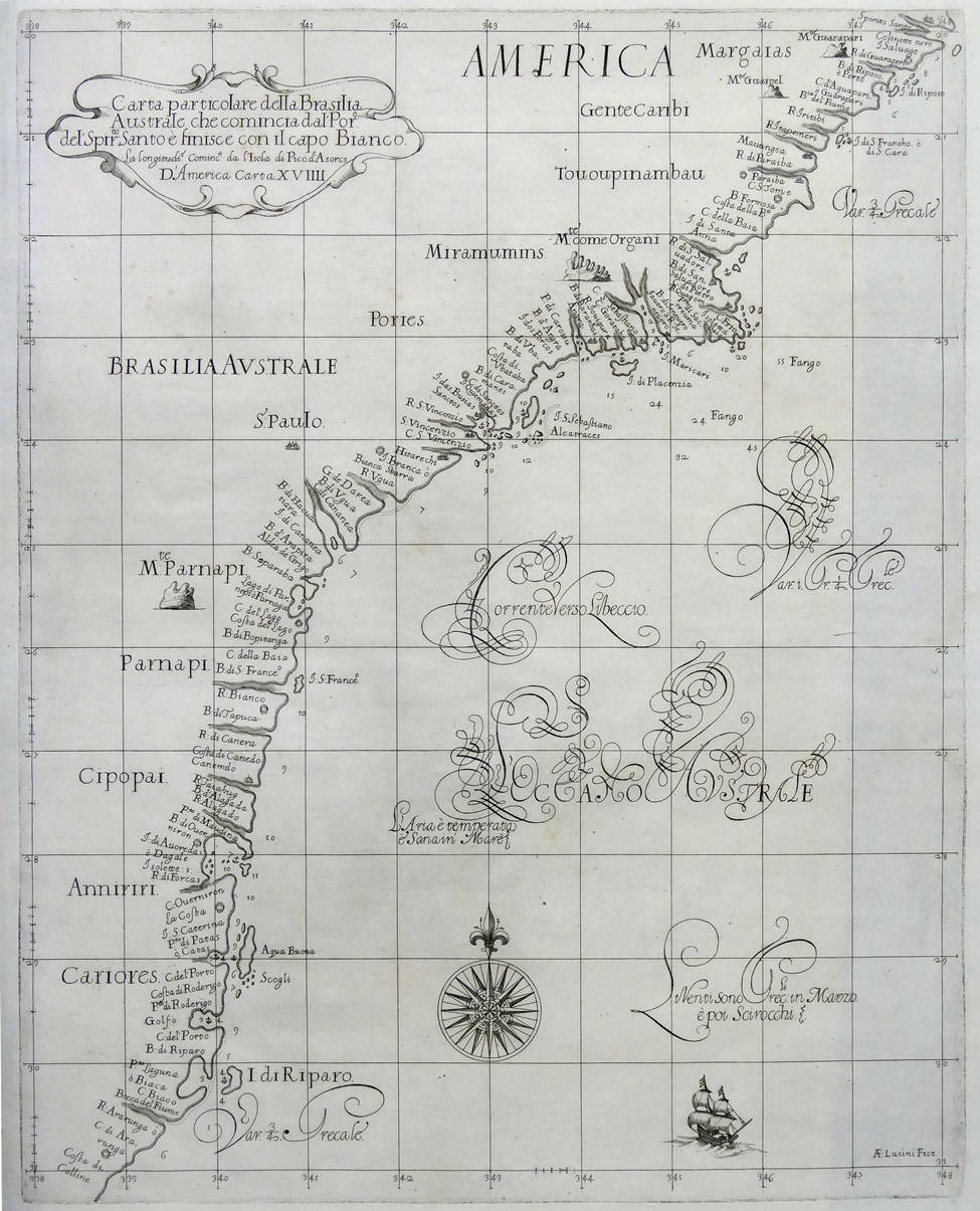 [53] Carta particolare della Brasilia Australe che comincia dala Poro del Spirito Santo e finisce con il capo Bianco. Sir Robert Dudley [1574-1649]. Coleção Catarina. Fonte: Ylmar Corrêa Neto.