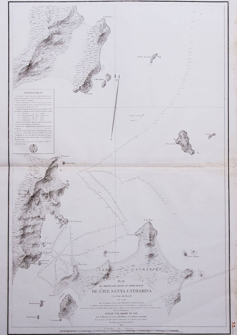 [55] Plan du mouillage situé au Nord Ouest de l'Ile Santa Catharina à la Côte du Brésil levé en 1819 dans la Campagne de la Corvette La Bayadère et du Brick Le Favori, 1822. Coleção Catarina.