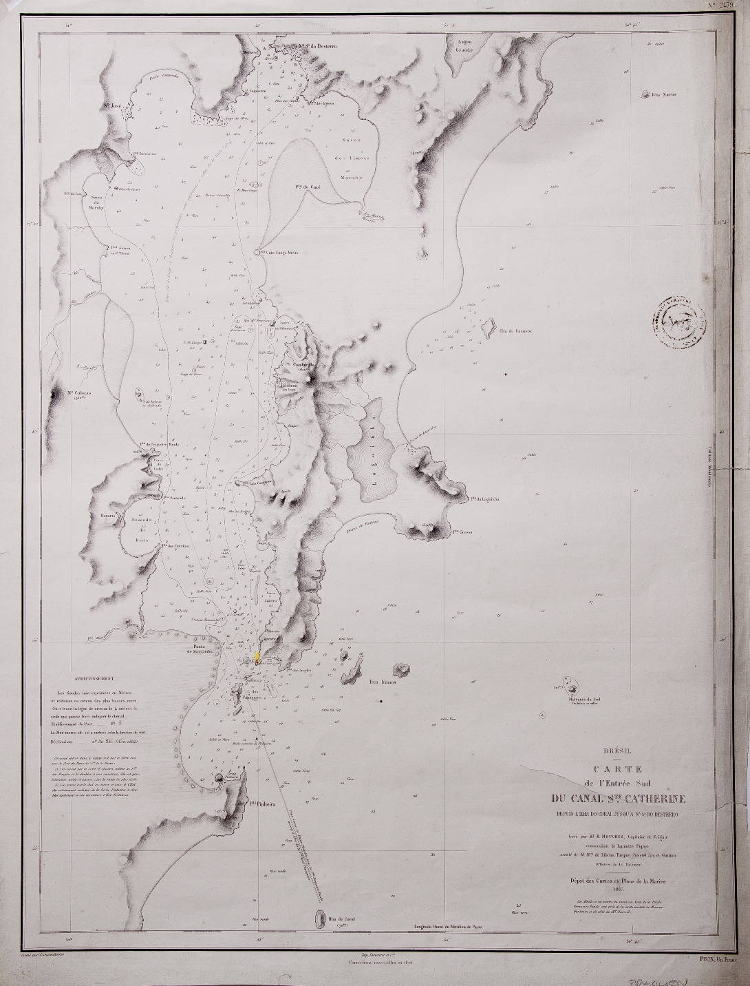 [57] Carte de L'Entree Sud du Canal Ste. Catherine depuis L'Ilha do Coral jusqu'a Na. Sa. do Desterro, 1867. E. Mouchez. Coleção Catarina. Fonte: Ylmar Corrêa Neto.