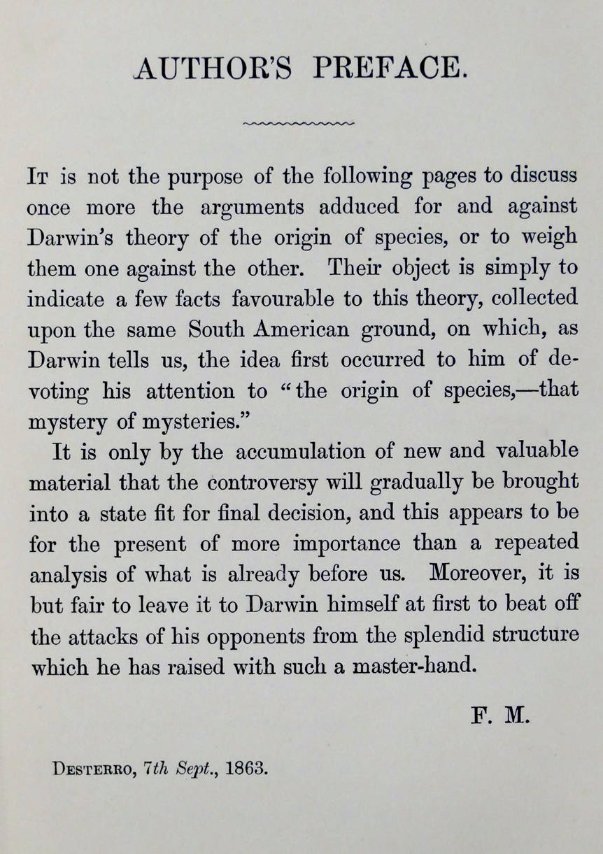 [39] Livro Facts and arguments for Darwin, 1869.Fritz Muller (do Desterro). Coleção Catarina. Fonte Ylmar Corrêa Neto.
