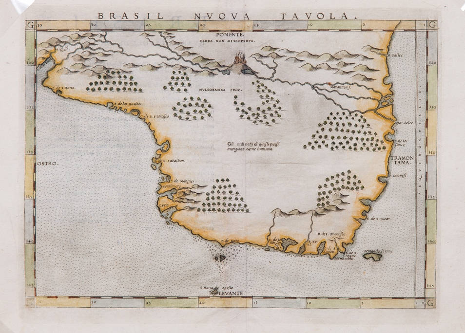 [46] Brasil Nuova Tavola, 1561. Girolano Ruscelli [1518-1566], segundo Giacomo Gastaldi. Coleção Catarina. Fonte: Ylmar Corrêa Neto.