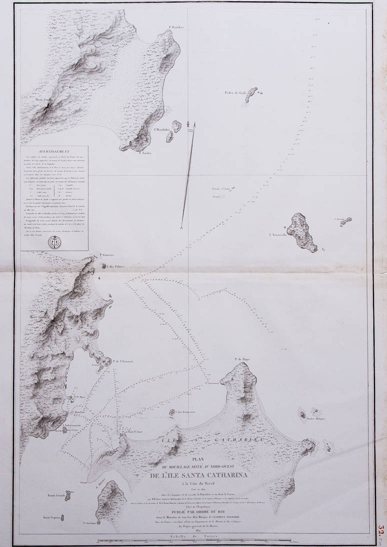 [53] Plan du mouillage situé au Nord Ouest de l'Ile Santa Catharina à la Côte du Brésil levé en 1819 dans la Campagne de la Corvette La Bayadère et du Brick Le Favori, 1822. Coleção Catarina.