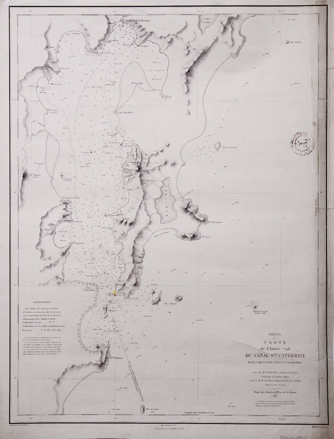 [55] Carte de L'Entree Sud du Canal Ste. Catherine depuis L'Ilha do Coral jusqu'a Na. Sa. do Desterro, 1867. E. Mouchez. Coleção Catarina. Fonte: Ylmar Corrêa Neto.