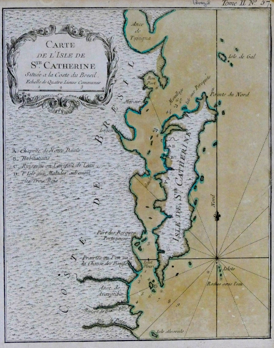 [58] Carte de I'Isle de St. Catherine situe a la Coste du Bresil, 1764. Jacques Nicolas Bellin [1703-1772]. Coleção Catarina. Fonte: Ylmar Corrêa Neto.