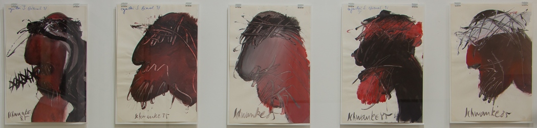 Sem título (CABEÇAS), 1985. Desenho de cabeças masculinas em grafite e pintura guache sobre papel sulfite, 31,4x21x6cm. Acervo Instituto Schwanke.