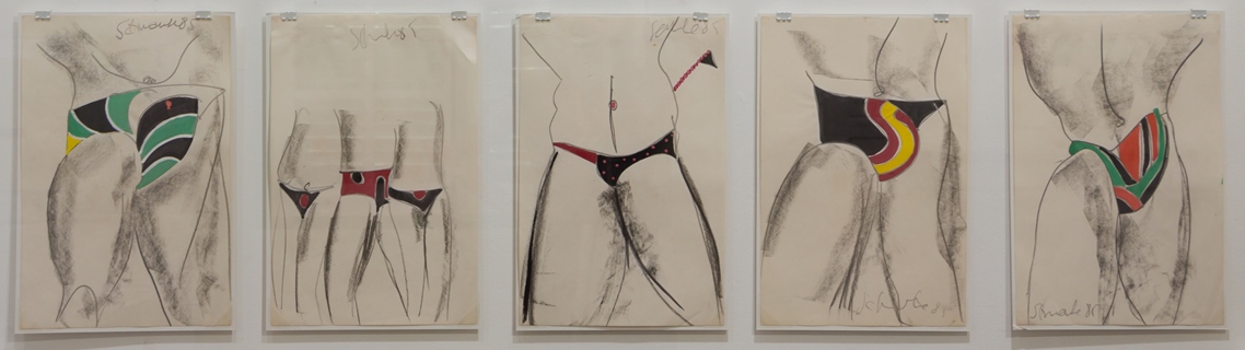 Sem título (SHORTS), 1985. Desenhos de torso masculino em grafite e pintura guache sobre papel sulfite, 33x21,9cm. Acervo Instituto Schwanke.
